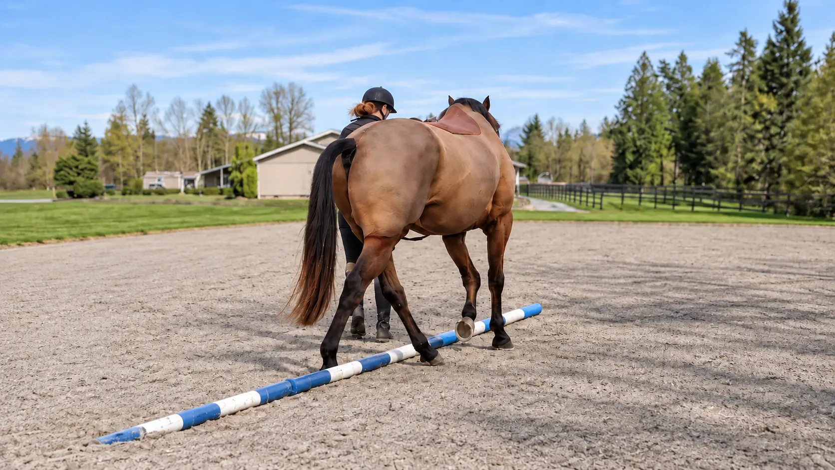 Horse completing in-hand pole work during kissing spine rehabilitation at Seven Hills