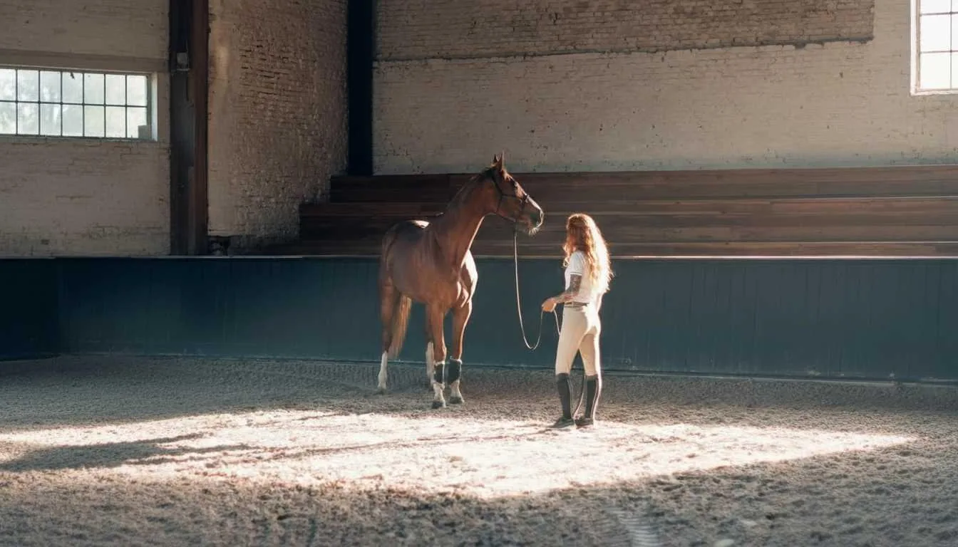 Kyra Fraser working in hand with a horse in a dressage arena
