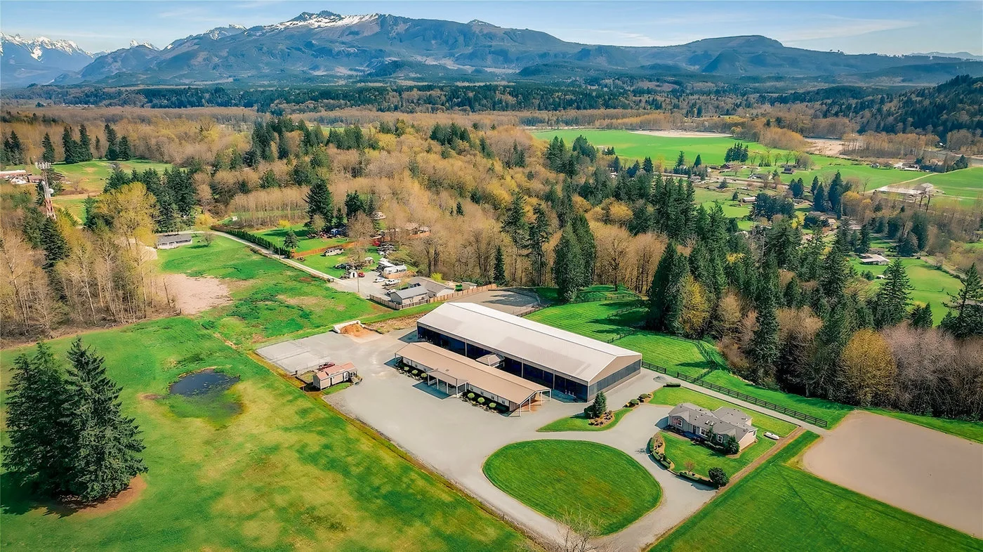 Aerial view of Seven Hills Training and its private equestrian facility in Monroe, Washington