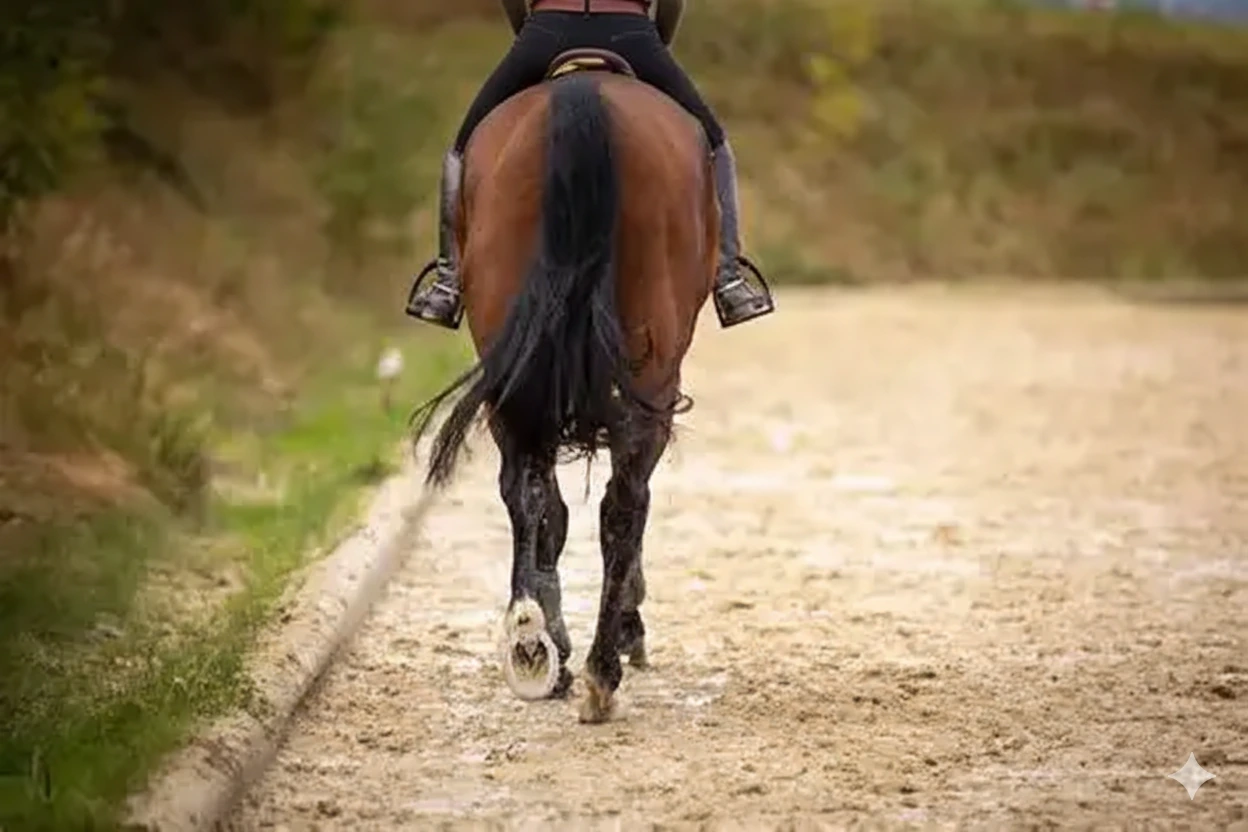 Horse moving evenly and balanced under saddle during soundness-focused dressage training.