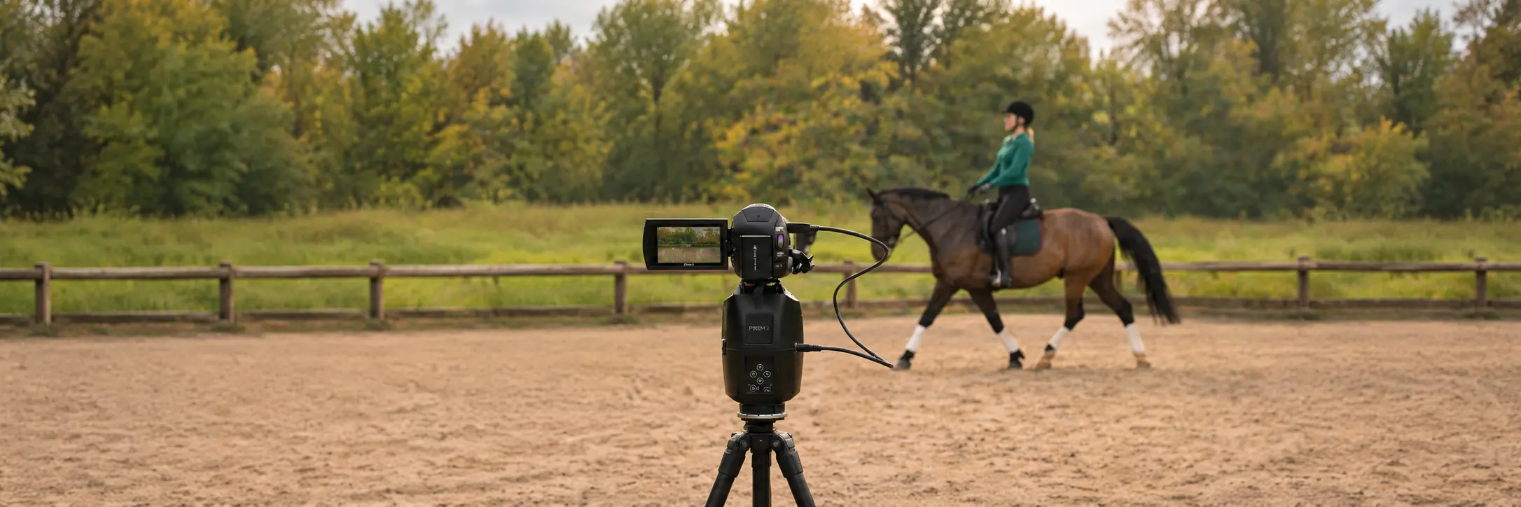 Pixem camera tracking a horse and rider during a live virtual dressage lesson